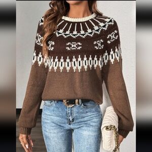 Geometric Pattern Crew Neck Long Sleeve Casual Sweater, Autumn/Winter Brown M